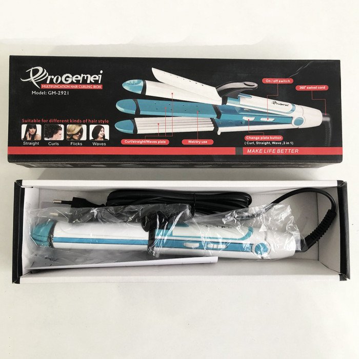 Щипці плойка для волосся GEMEI GM-2921 керамічне покриття. Колір блакитний