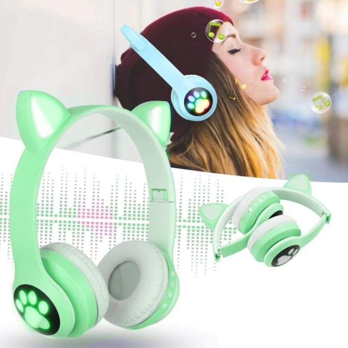 Бездротові навушники з котячими вушками та RGB підсвічуванням Cat VZV 23M. Колір: зелений