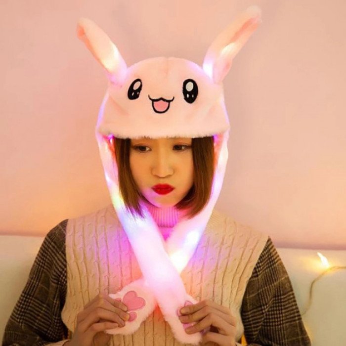 Карнавальна шапка з підсвічуванням: рожевий зайчик з піднімаючими вухами