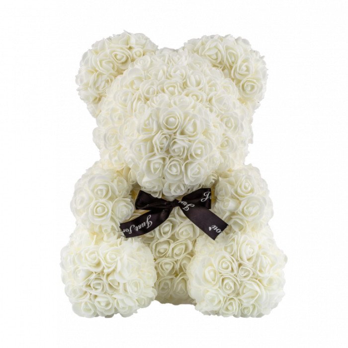 Найкращий подарунок: ведмедик з штучних 3D троянд 25 см. Колір: білий