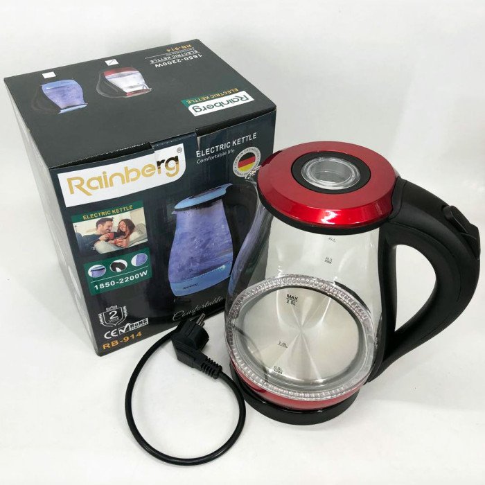 Чайник скляний електричний Rainberg RB-914, стильний електричний чайник. Колір: червоний