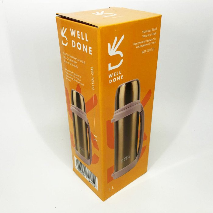 Термос вакуумний 1 л Well Done WD-7031D, Термос для спортсменів, Термос для води. Колір: коричневий