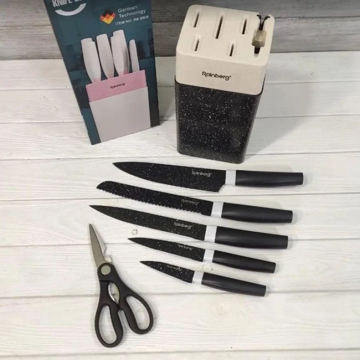 Набір кухонних ножів Rainberg RB-8808 на підставці, 7 предметів. Колір: чорний