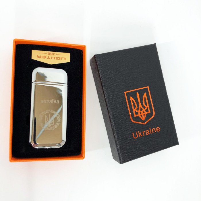 Дугова електроімпульсна запальничка USB Герб України індикатор заряду, ліхтарик HL-442. Колір: срібло