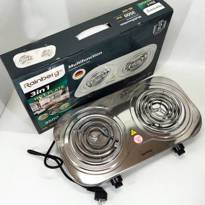 Електрична плита Rainberg RB-008 на 2 поверхні спіральна + 2 регулятори 3500 Вт