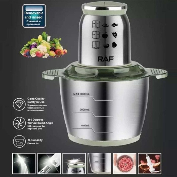 Подрібнювач блендер RAF R 7002 електричний чоппер для кухні з металевою чашею 3л RAF 600W