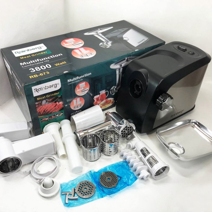 Електрична м'ясорубка Rainberg RB-673 із соковижималкою та шатківницею 9 насадок 3000W з реверсом