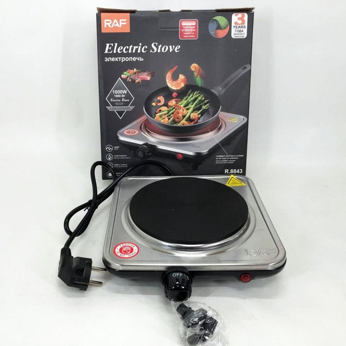 Електроплита на 1 конфорку RAF-8843 1000 Вт із нержавіючої сталі дискова, міні електроплита