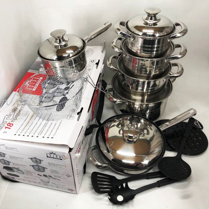 Набір посуду 18 предметів ASTRA A-2518, каструлі з нержавіючої сталі, каструлі з кришками, гарні каструлі