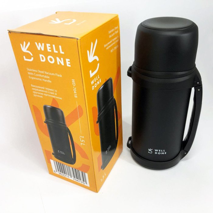 Термос вакуумний Well Done WD-7041B 1.5 літра, Термос для дитини до школи. Колір: чорний