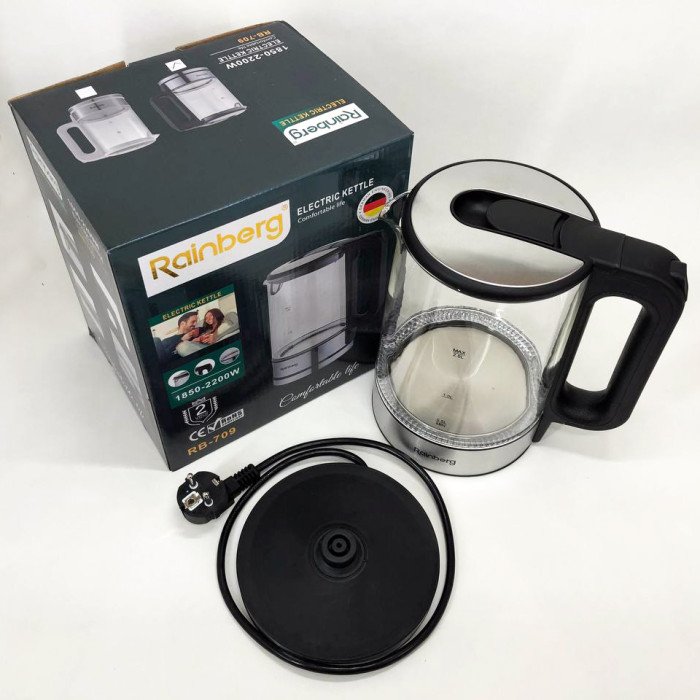 Дисковий електричний чайник Rainberg RB-709 скляний із підсвічуванням, безшумний чайник. Колір: чорний