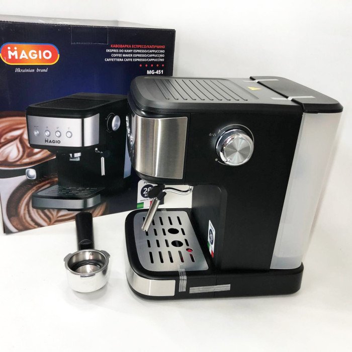 Кавоварка рожкова MAGIO MG-451, Кавоварка рожкова з капучинатором, Кавоварка з прозорим резервуаром