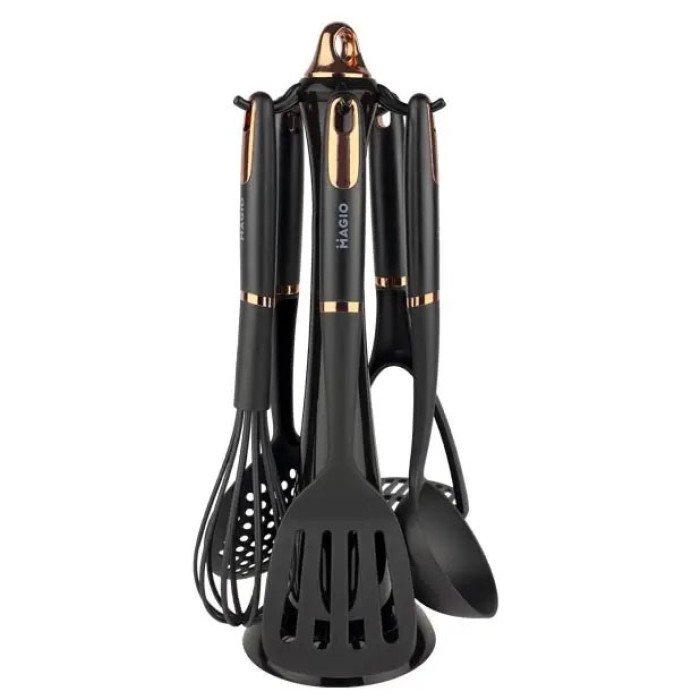 Набір кухонних приладів Magio MG-1125, набір поварешок на підставці, набір силіконових приладів для кухні