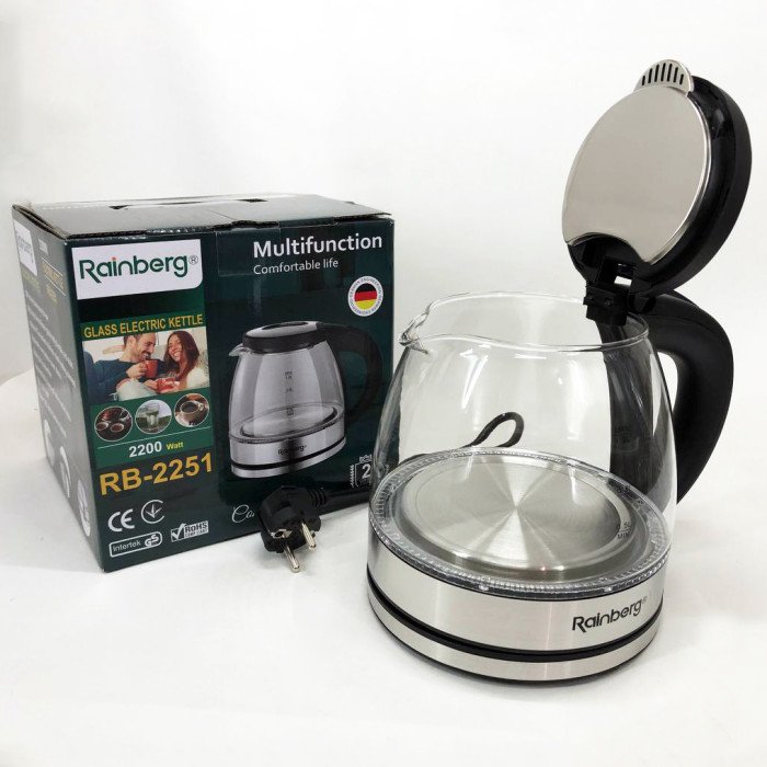 Електрочайник скляний Rainberg RB-2251 - 1л, стильний електричний чайник, безшумний чайник