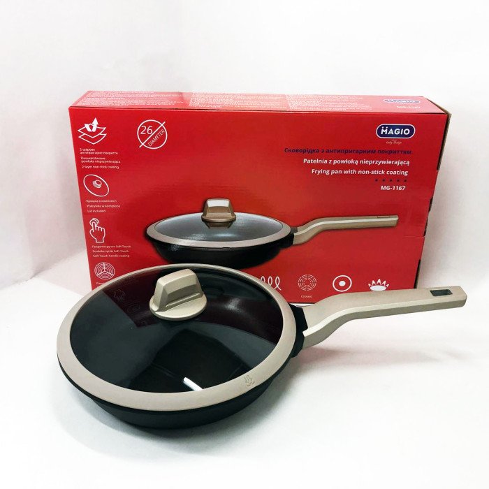 Сковорода Magio MG-1167 з антипригарною кришкою 26 см, сковорода з індукційним дном