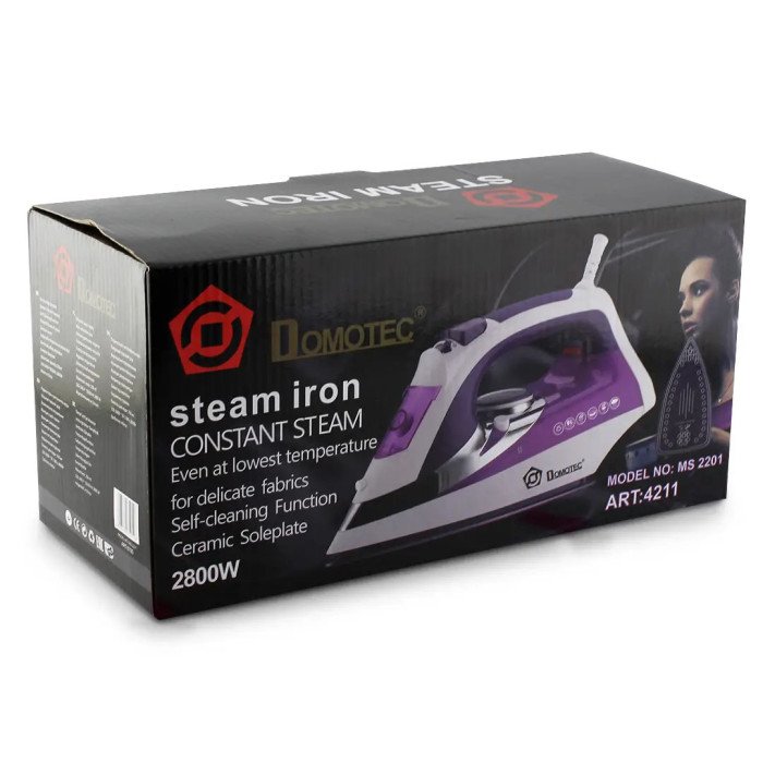 Праска Domotec MS 2201 2800W керамічна підошва, Професійна парова праска. Колір: фіолетовий