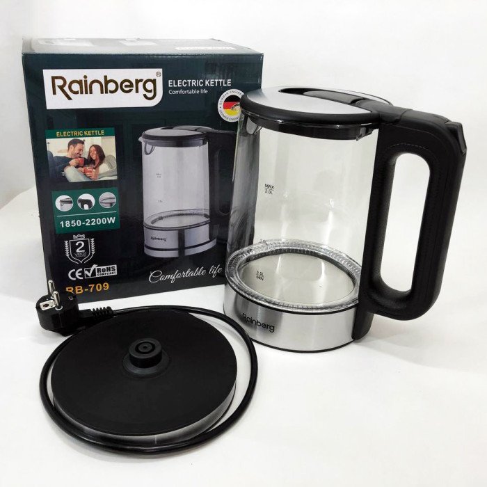 Дисковий електричний чайник Rainberg RB-709 скляний із підсвічуванням, безшумний чайник. Колір: чорний