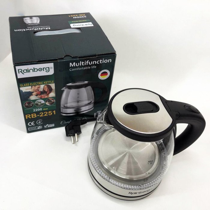 Електрочайник скляний Rainberg RB-2251 - 1л, стильний електричний чайник, безшумний чайник