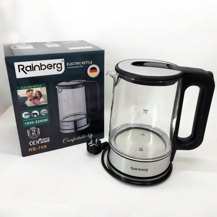 Дисковий електричний чайник Rainberg RB-709 скляний із підсвічуванням, безшумний чайник. Колір: чорний