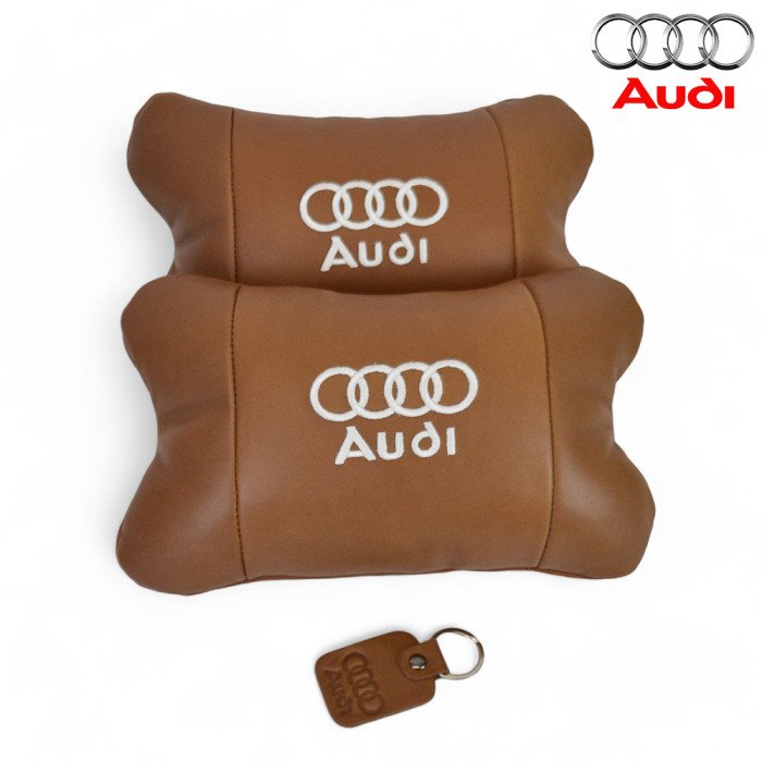 Набір із двох подушок на підголівник Audi, з натуральної коричневої шкіри, Подарунок чоловікові водієві