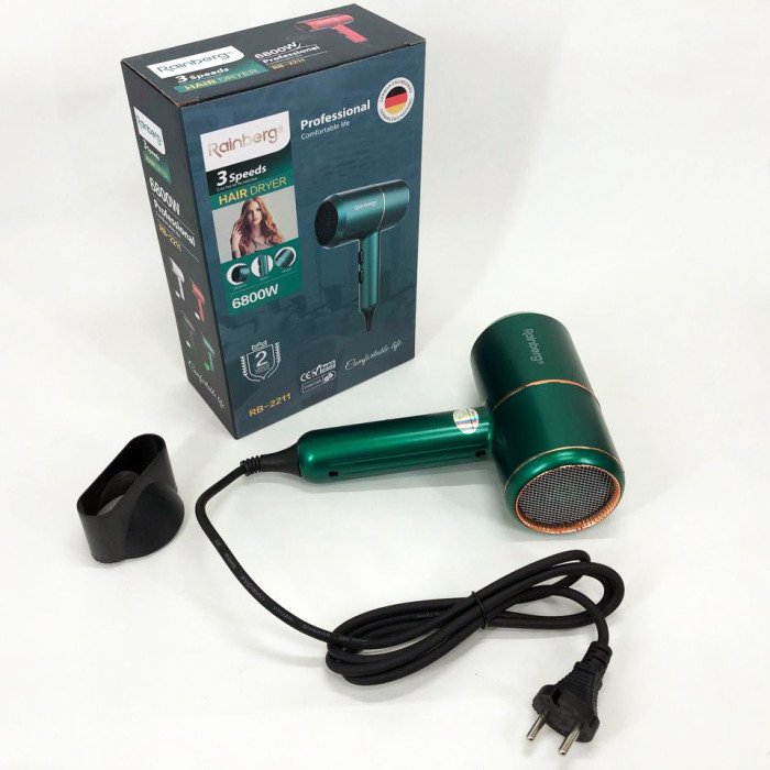 Фен для укладання та сушіння волосся Rainberg RB-2211 + насадка-концентратор, гарний потужний фен. Колір: зелений