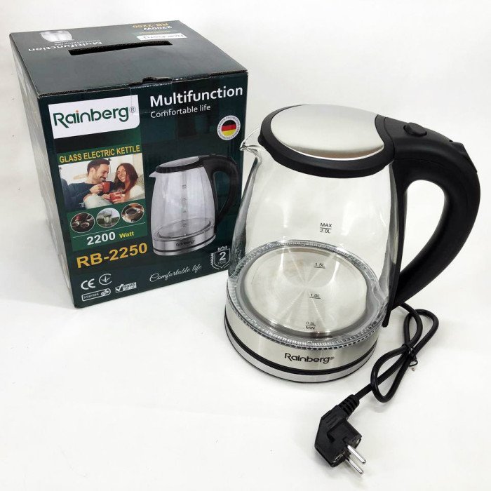 Електричний скляний чайник Rainberg RB-2250 з LED підсвічуванням 2200 Вт 1.8л, хороший електро чайник