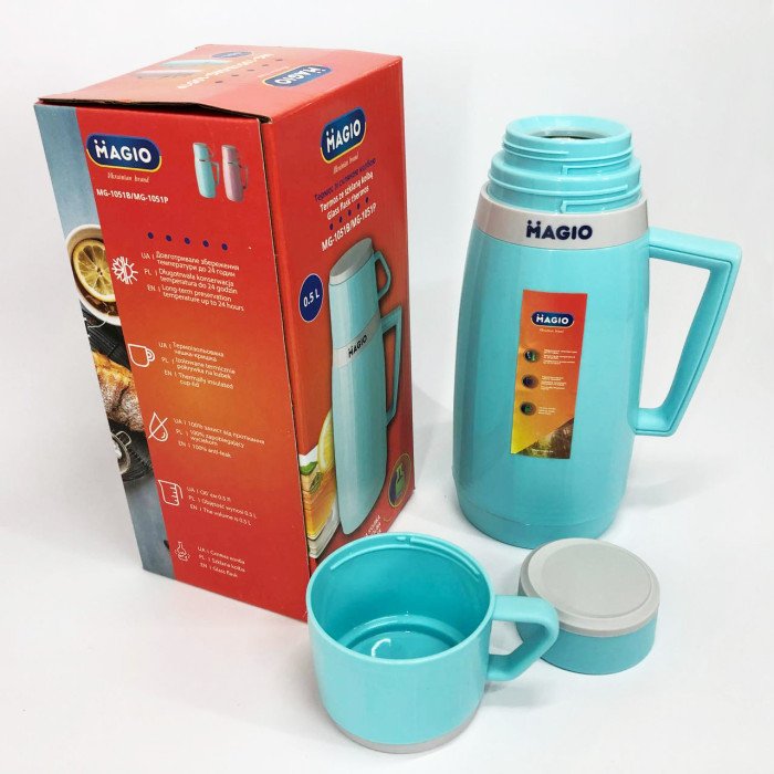 Термос Magio MG-1051B зі скляною колбою, Хороший термос, Термос для води. Колір: блакитний