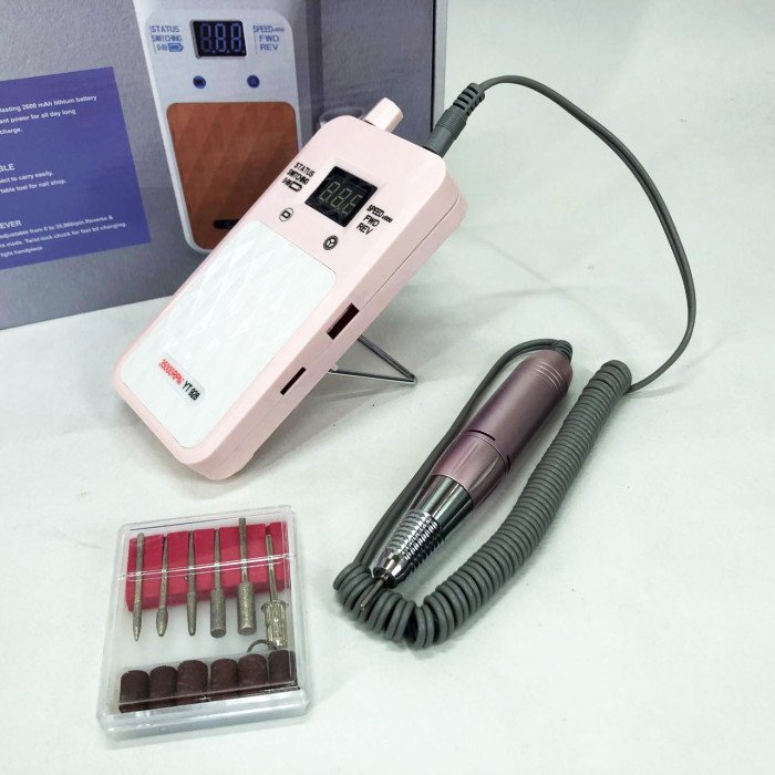 Портативний фрезер для нігтів Nail Drill YT-928 акумуляторний з індикатором заряду на 35 000 оборотів. Колір: рожевий