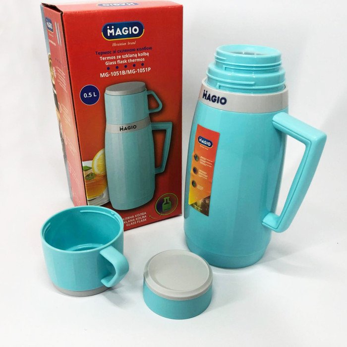 Термос Magio MG-1051B зі скляною колбою, Хороший термос, Термос для води. Колір: блакитний