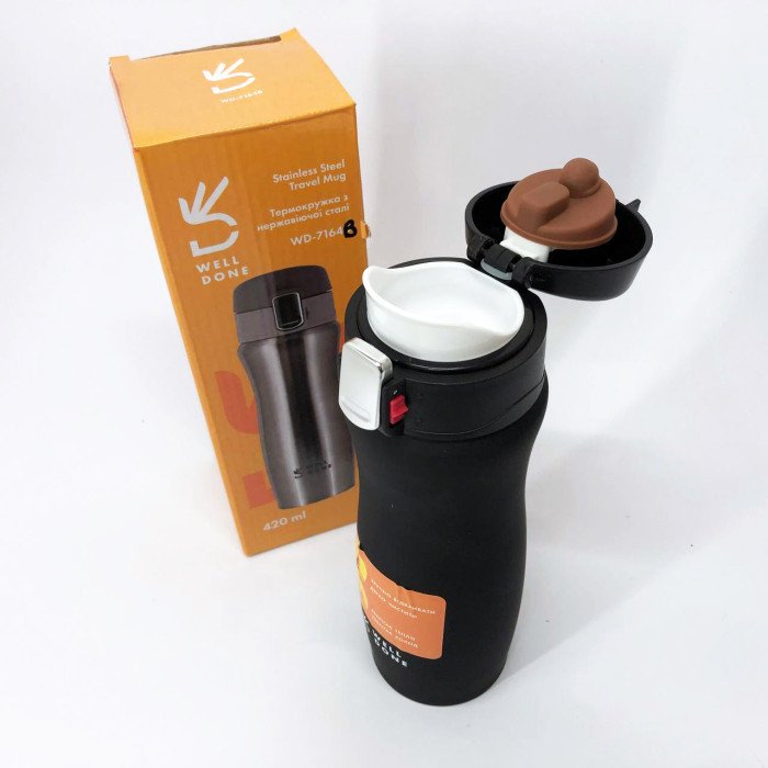 Термокухоль вакуумний Well Done WD-7164B 420 мл чорний, Термос для кави, Термос похідний