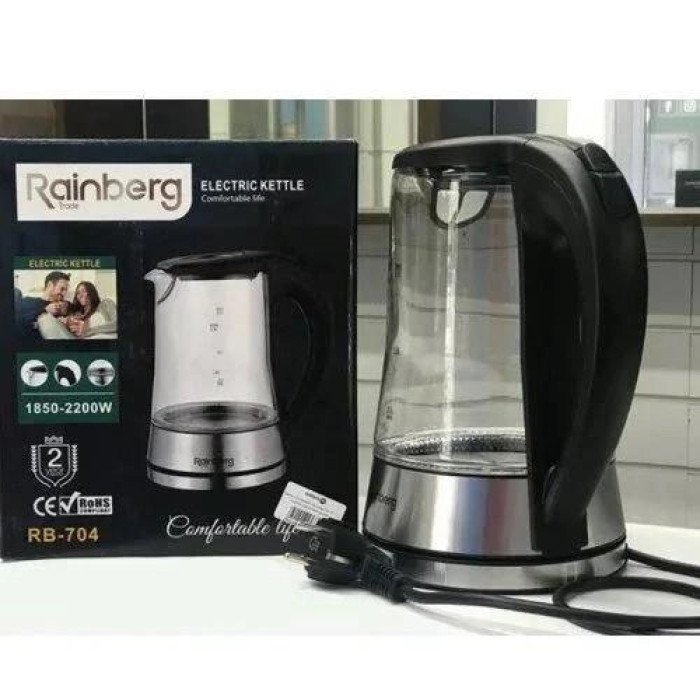 Чайник електричний скляний електрочайник з LED підсвічуванням Rainberg RB-704 2 л 2200 Вт