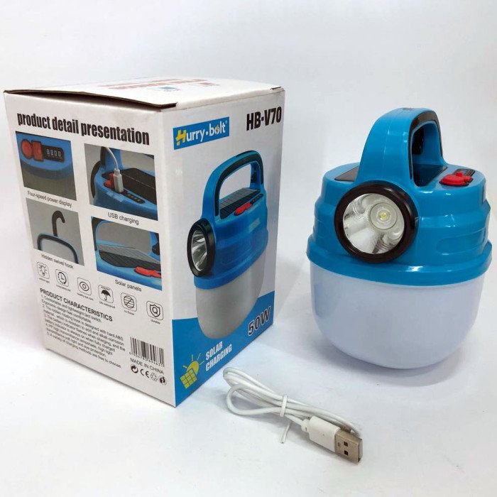 Підвісний ліхтар світильник LED з гачком для кемпінгу, ліхтариком та сонячною панеллю. Колір: синій