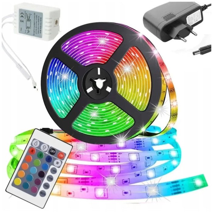 Світлодіодна стрічка SMD 5050 RGB LED 5 м IP65 з пультом та блоком живлення 220v, 5м, Стрічка світлодіодна 5050