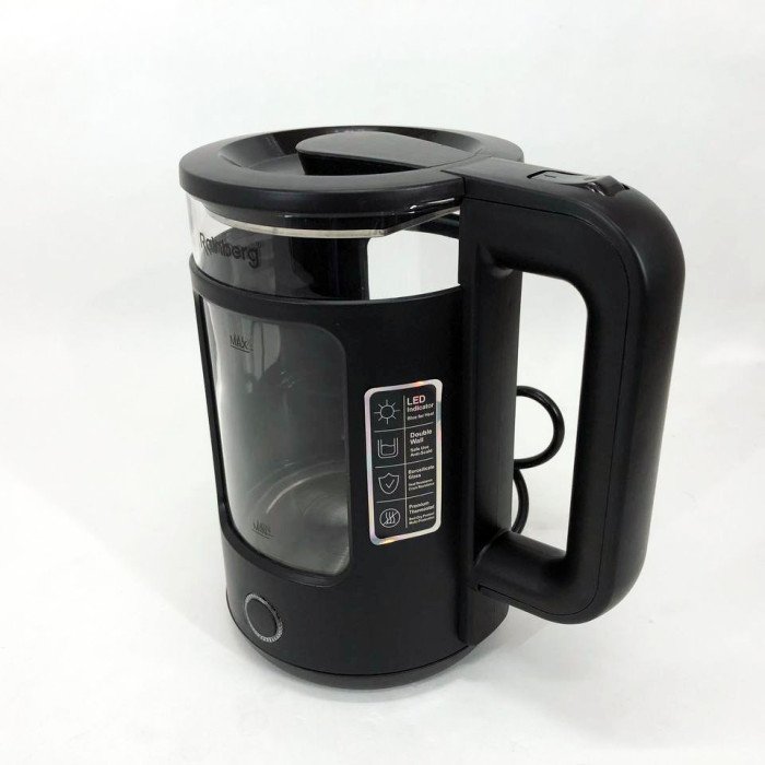 Електрочайник Rainberg RB-2220 скляний дисковий прозорий. Чайник із підсвічуванням 2200W. Колір: чорний