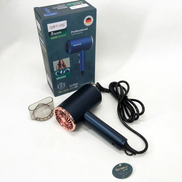 Фен Rainberg RB-2212 8800 W з регуляцією температури та швидкості для сушіння та укладання волосся. Колір: синій