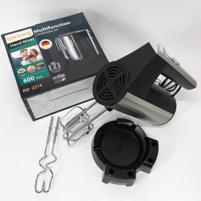 Міксер ручний електричний Rainberg RB-2214 600W 5 швидкостей з підставкою, двовіночковий міксер