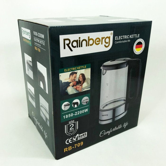 Дисковий електричний чайник Rainberg RB-709 скляний із підсвічуванням, безшумний чайник. Колір: чорний