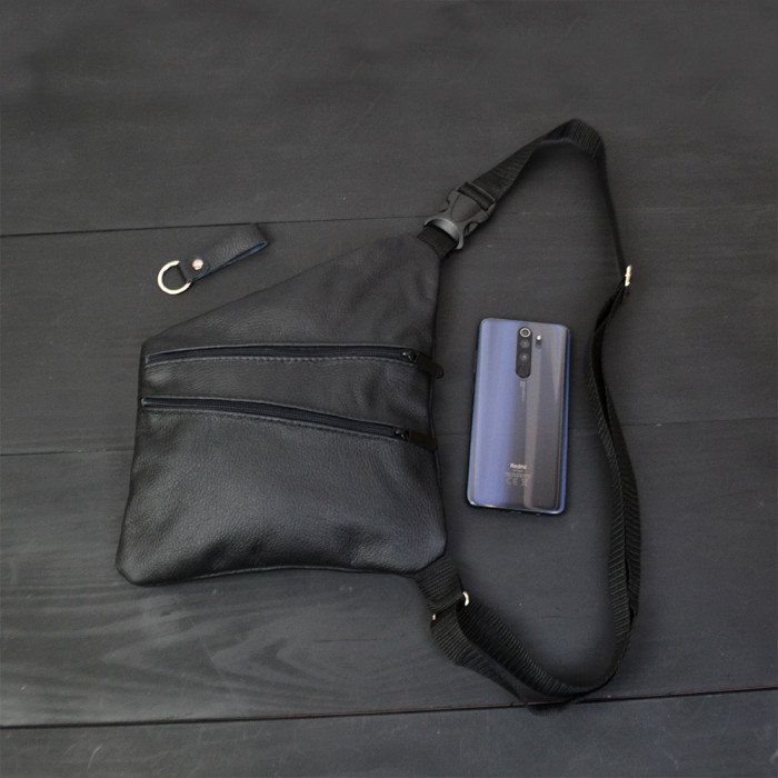 Сумка чоловіча на 3 кишенях, з натуральної шкіри, слінг нагрудний чорний, чоловіча сумка кроссбоді