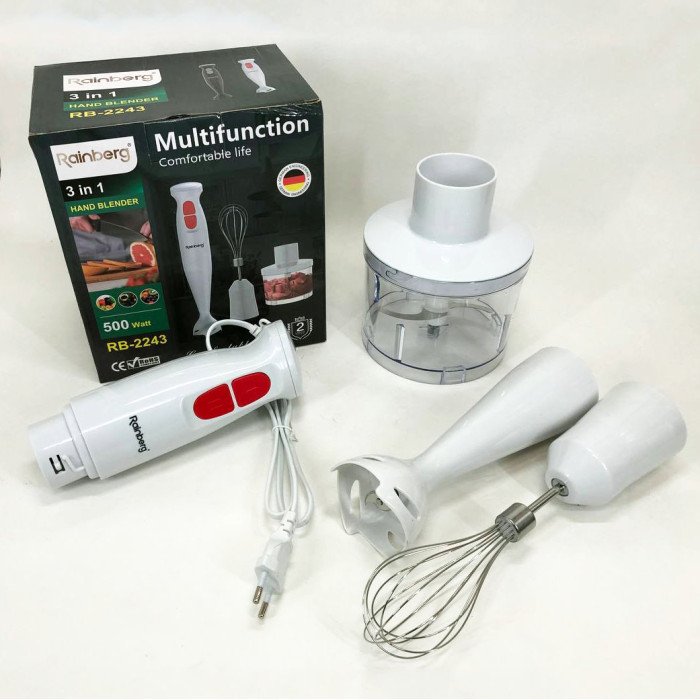 Блендер 3в1 Rainberg RB-2243 500W занурювальний блендер подрібнювач для молочних коктейлів. Колір: білий