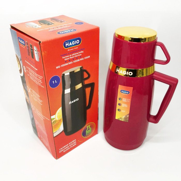 Термос Magio MG-1050R зі скляною колбою, Термос для питної води, Термос із нержавіючої сталі. Колір: червоний