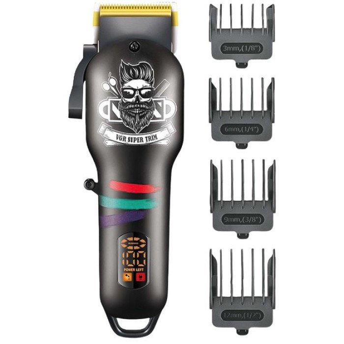 Машинка для стрижки волосся та бороди професійна VGR V-699 B з насадками та LED дисплеєм. Колір: чорний