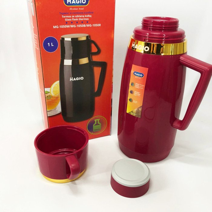 Термос Magio MG-1050R зі скляною колбою, Термос для питної води, Термос із нержавіючої сталі. Колір: червоний