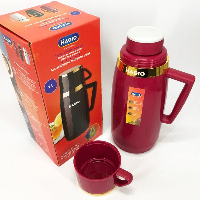 Термос Magio MG-1050R зі скляною колбою, Термос для питної води, Термос із нержавіючої сталі. Колір: червоний