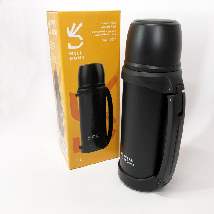 Термос вакуумний 1л Well Done WD-7031B, Термос для кави, Термос похідний. Колір: чорний