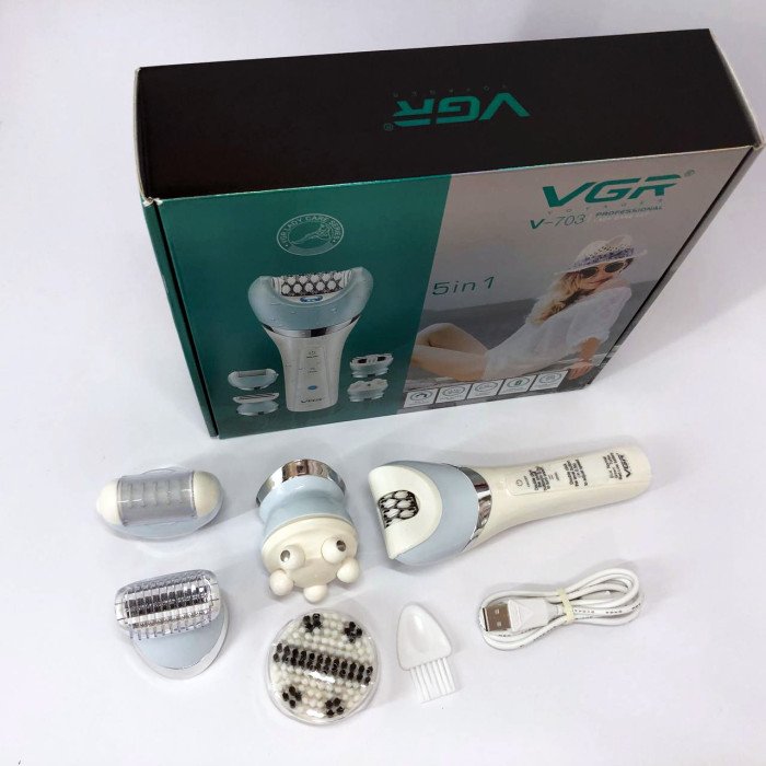 Епілятор жіночий з триммером VGR V-703 5в1 для видалення волосся на тілі акумуляторна пемза масажна насадка