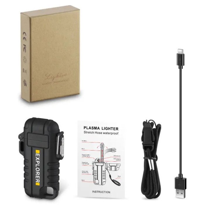 Дугова електроімпульсна запальничка водонепроникна EXPLORER HL-516, акумуляторна. Колір: чорний