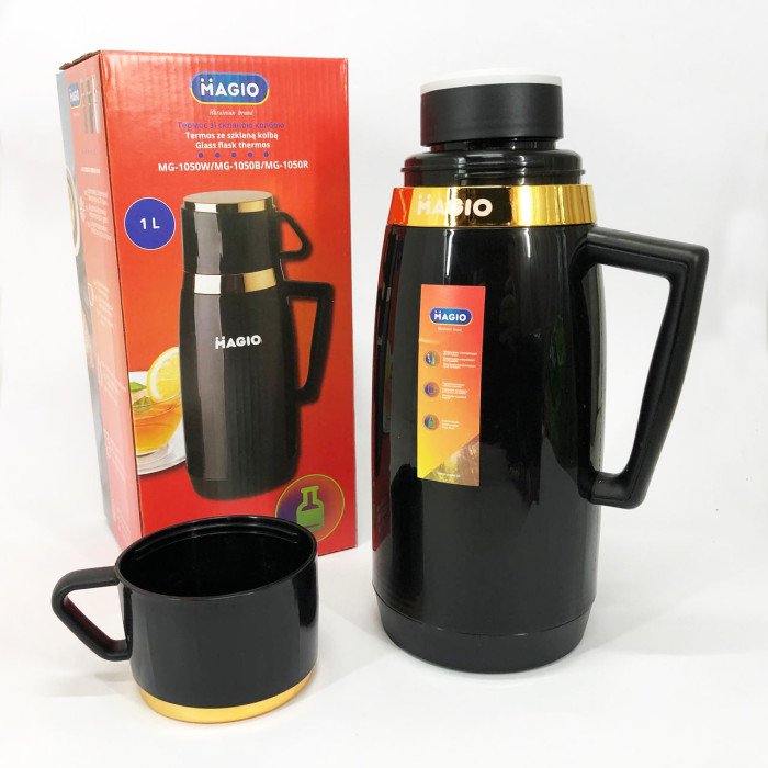 Термос Magio MG-1050B зі скляною колбою, Питний термос, Термос для кави. Колір: чорний