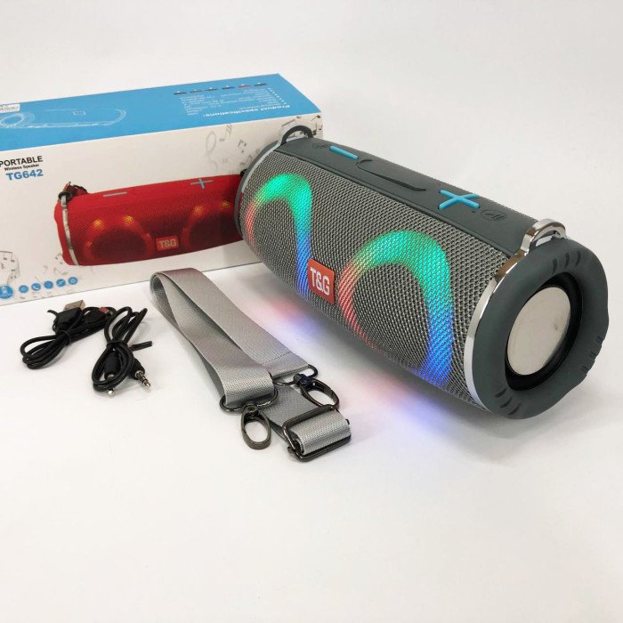 Портативна колонка TG642 з RGB підсвічуванням та ремінцем, портативна колонка з Bluetooth. Колір: сірий