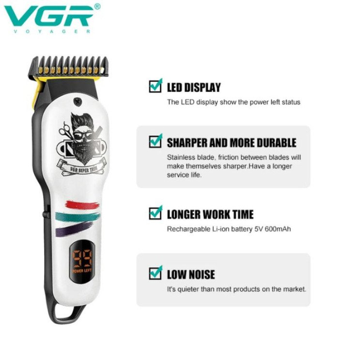 Машинка для стрижки волосся та бороди професійна VGR V-699 B з насадками та LED дисплеєм. Колір: білий