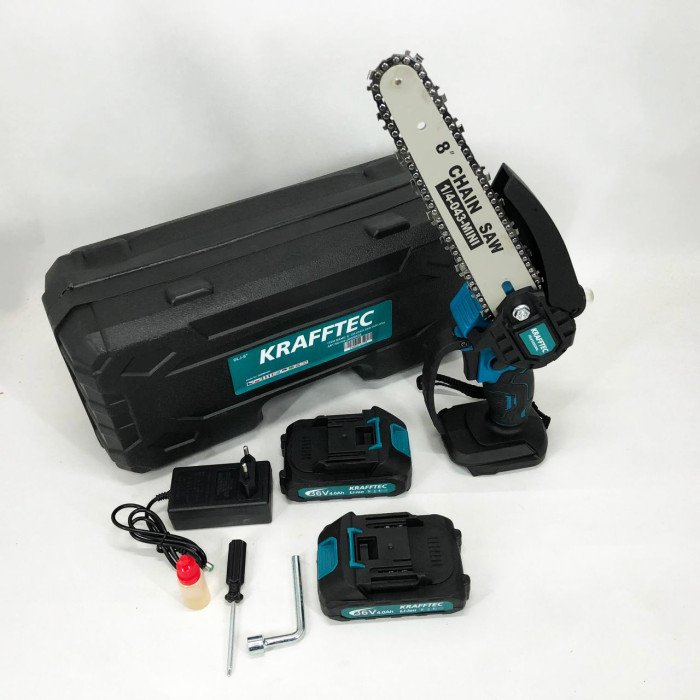 Акумуляторна ланцюгова міні пила 20 см у кейсі Krafftec (36V 4 Ач) + 2 акумулятори та індикатором заряду